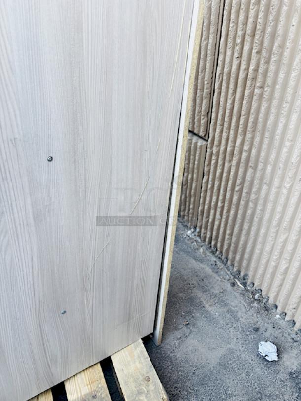 BRAND NEW SCRATCH & DENT! I.D. Systems 538023B45019 45" x 18" x 72" Natural Elm Triple Door Storage Locker with Middle Shelf. The base of the unit has broken off and the back bottom board has broken off. - Image 5 of 7