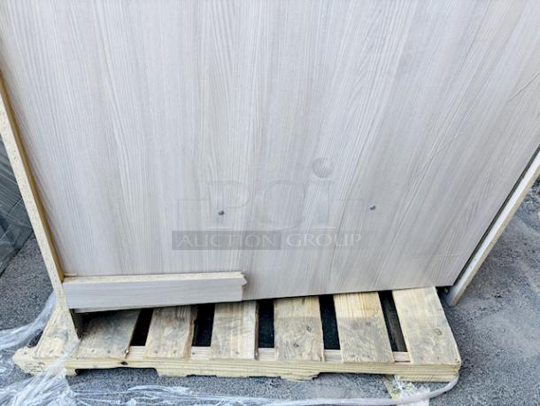 BRAND NEW SCRATCH & DENT! I.D. Systems 538023B45019 45" x 18" x 72" Natural Elm Triple Door Storage Locker with Middle Shelf. The base of the unit has broken off and the back bottom board has broken off. - Image 6 of 7