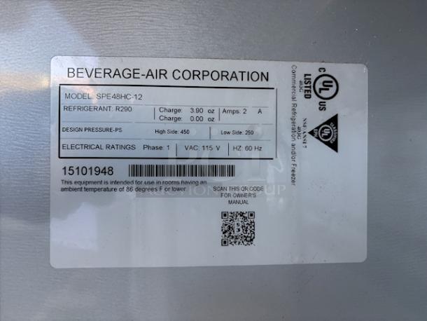 BRAND NEW SCRATCH-N-DENT! Beverage-Air SPE48HC-12 Elite Series 48" 2 Door Refrigerated Sandwich Prep Table. S/N: 15101948. Top is dented and (2) wheels are missing. - Image 8 of 8