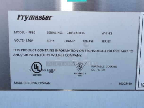 BRAND NEW SCRATCH & DENT! Frymaster PF80R 80 lb. Portable Fryer Oil Filter with Reversible Pump - 120V, 1/3 hp. 120V/60Hz/9.0Amp/1Ph SERIAL NO.- 2405YA0036 Bent on the sides. - Image 4 of 7