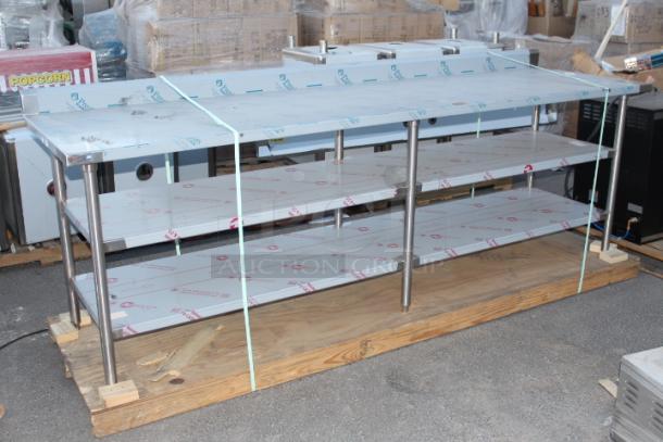 BRAND NEW SCRATCH & DENT! HEAVY DUTY! QualServ ARPREP108 31" x 108" x 36" Prep Table with Slicer Support, (2) Under-shelves and 4" Backsplash. 14 Gauge/304 Stainless Steel Construction. - Image 1 of 9