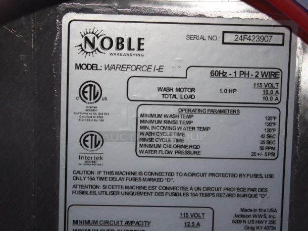 BRAND NEW SCRATCH & DENT! Noble Warewashing I-E Single Rack Low Temperature Door-Type Dish Machine - 115 Volts	12.5 Amps	1 Phase	60 Hz. S/N: 24F423907. Unit is dented. - Image 2 of 9