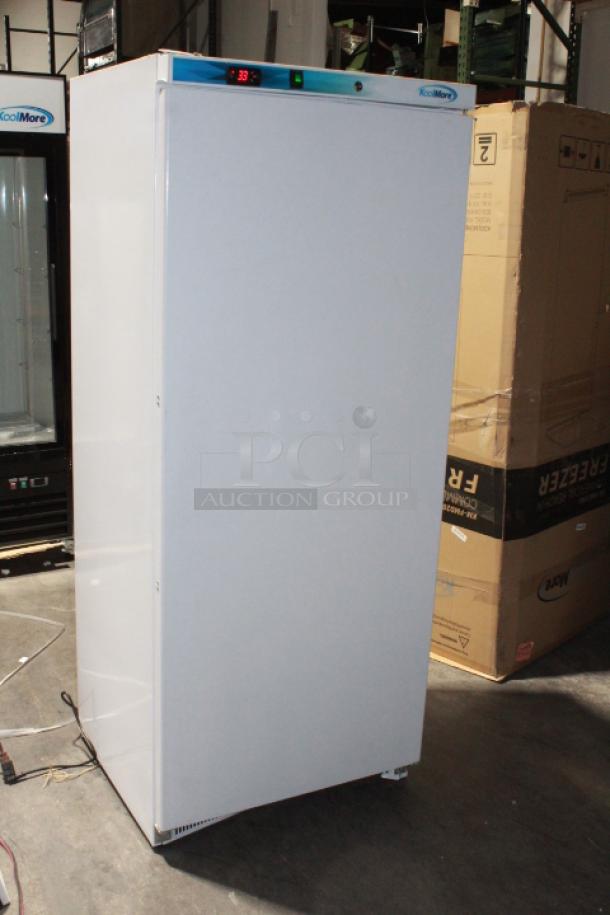 BRAND NEW SCRATCH & DENT! IN PERFECT WORKING ORDER!! Koolmore KM-FMD20WH 21 Cu. ft. Commercial Reach-in Freezer in White Manual Defrost, 115v. 27.4" x 30.1" x 74.4" 
Base and top of unit are dented. See Photos. TESTED! WORKS PERFECT!
*This unit is located at our main warehouse approximately 10mins away. The address is 3290 S. Highland Dr. Las Vegas NV 89109.* - Image 2 of 11