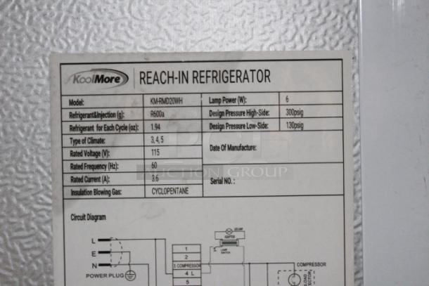 BRAND NEW SCRATCH & DENT! Koolmore KM-FMD20WH 21 Cu. ft. Commercial Reach-in Freezer in White Manual Defrost, 115v. 27.4" x 30.1" x 74.4" Arrived in manufacturer packaging. TESTED!! WORKS PERFECT!!! Back of unit has a minor scratch. 

*This unit is located at our main warehouse approximately 10mins away. The address is 3290 S. Highland Dr. Las Vegas NV 89109.* - Image 9 of 11