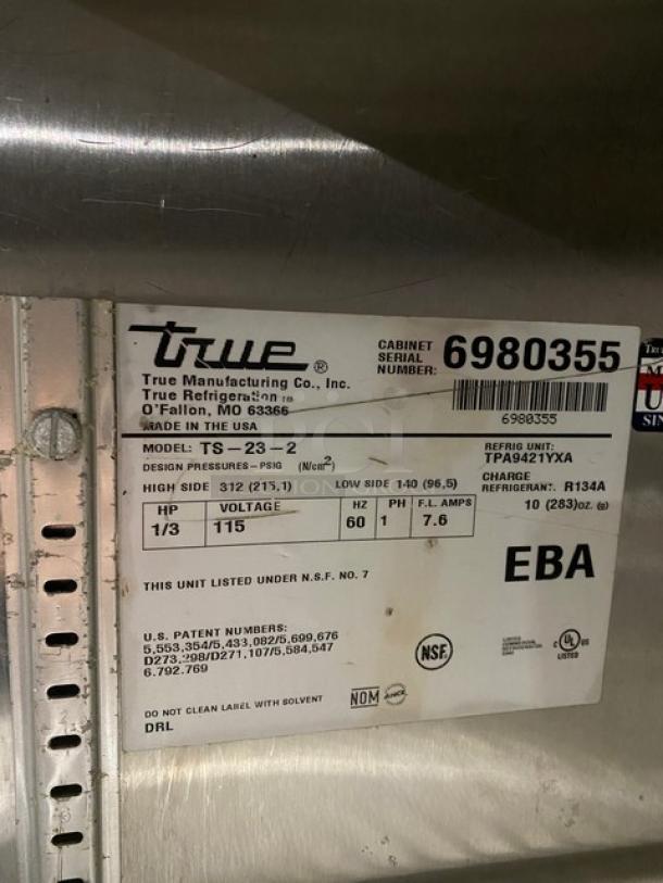 True Commercial Stainless Steel Solid Half Door Single Section Reach In Refrigerator! With Poly Coated Wire Racks! Model: TS-23-2 SN: 6980355!  115V 1 Phase! On Casters! - Image 6 of 10