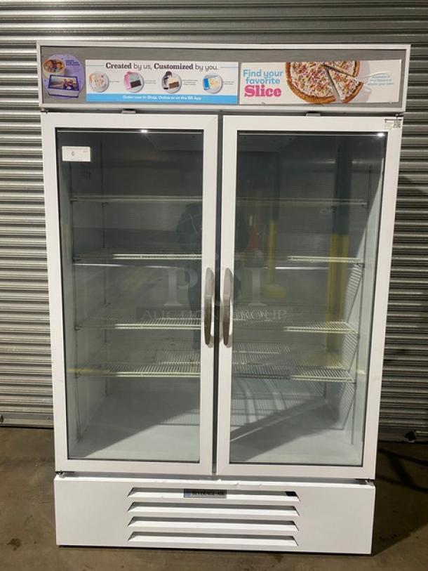 Beverage-Air Baskin Robbins Style Commercial White Double Glass Swing Door Reach In Freezer Merchandiser! With Poly Coated Wire Racks! Model: MMF49-1-W-LED SN: 11800075! 115V 1 Phase! - Image 1 of 10