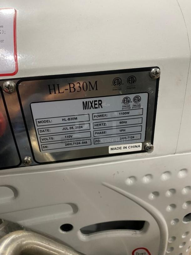 Late Model! 2024! Commercial Floor Style 30 Quart Planetary Mixer! With Clear Polycarbonate Splash Guard! With Stainless Steel Mixing Bowl & Spiral Dough Hook Attachment! Model: HL-B30M SN: 24HL7124-048! 110V 1 Phase! - Image 7 of 10