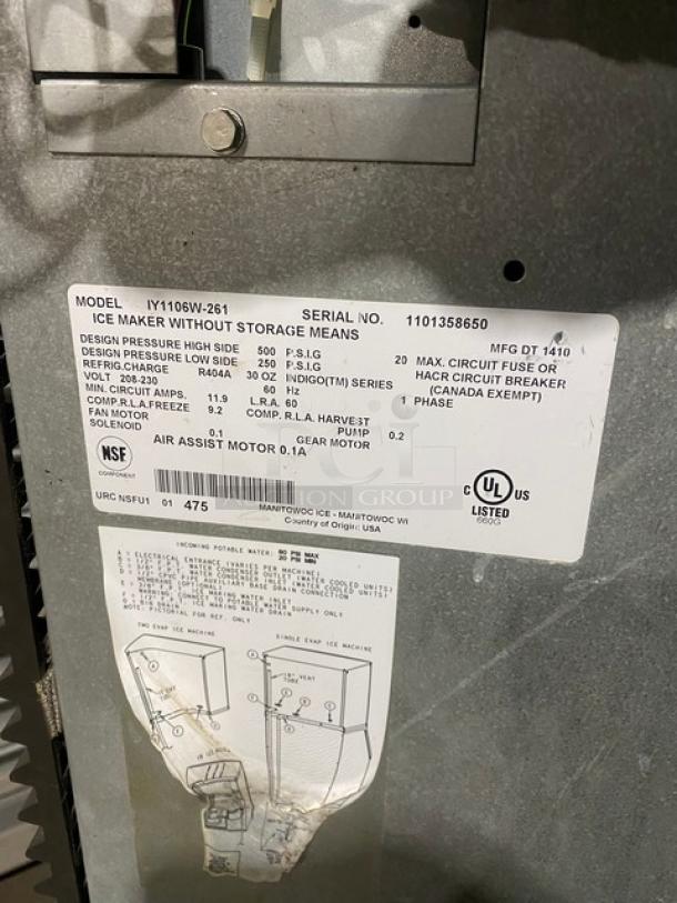 Manitowoc Indigo Series Commercial Stainless Steel Half Dice Ice Cube Machine Head! Model: IY1106W-261 SN: 1101358650! 208-230V 1 Phase! - Image 9 of 10