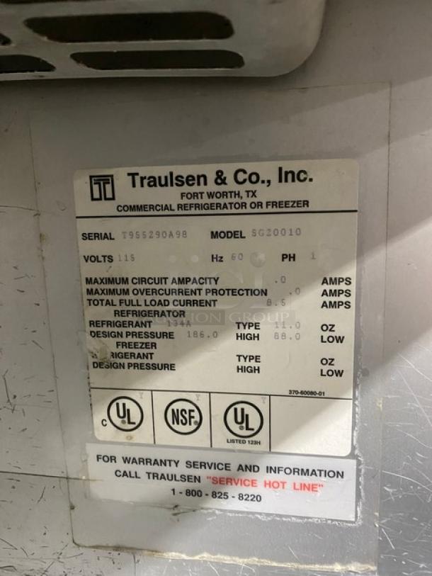 Traulsen Commercial Stainless Steel Solid 2 Door Reach In Refrigerator! With Poly Coated Wire Racks! Model: SG20010 SN: T955290A98! 115V 1 Phase! On Legs! - Image 6 of 11