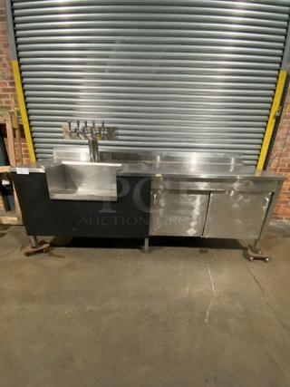 Custom Made Commercial Stainless Steel Worktop Kegerator/Back Bar! With Back Splash! With 5 Tap T-Style Tower & Cutout With Drain Hole! With Enclosed Sliding Door Storage Cabinet! On Legs!