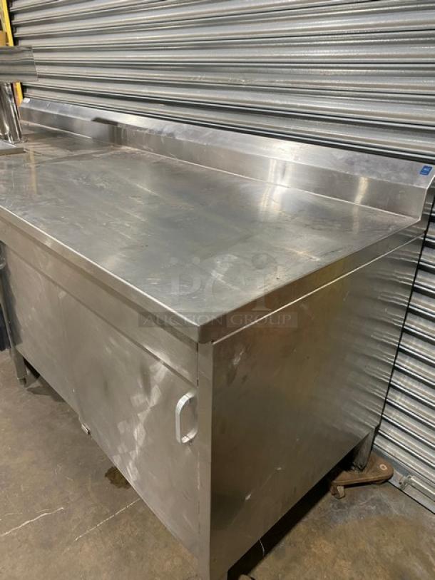 Custom Made Commercial Stainless Steel Worktop Kegerator/Back Bar! With Back Splash! With 5 Tap T-Style Tower & Cutout With Drain Hole! With Enclosed Sliding Door Storage Cabinet! On Legs! - Image 2 of 8