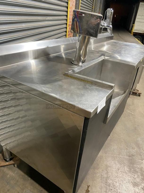 Custom Made Commercial Stainless Steel Worktop Kegerator/Back Bar! With Back Splash! With 5 Tap T-Style Tower & Cutout With Drain Hole! With Enclosed Sliding Door Storage Cabinet! On Legs! - Image 4 of 8