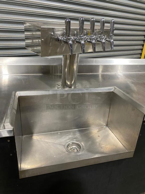 Custom Made Commercial Stainless Steel Worktop Kegerator/Back Bar! With Back Splash! With 5 Tap T-Style Tower & Cutout With Drain Hole! With Enclosed Sliding Door Storage Cabinet! On Legs! - Image 5 of 8