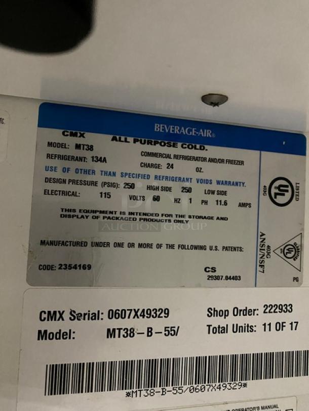Beverage-Air CMX Series Commercial Double Glass Sliding Door Reach In Refrigerator Merchandiser! With Poly Coated Wire Racks! Model: MT38 SN: 0607X49329! 115V 1 Phase! - Image 7 of 8
