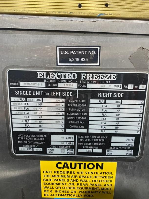 Electro Freeze Freedom 360 Series Commercial Stainless Steel Air-Cooled Dual Flavor Twist Soft Serve Ice Cream/Frozen Yogurt Machine! With 2 Hoppers & 3 Dispensers! Model: 88TN-CMT-213 SN: A2F105! 230V 1 Phase! On Legs! - Image 10 of 12