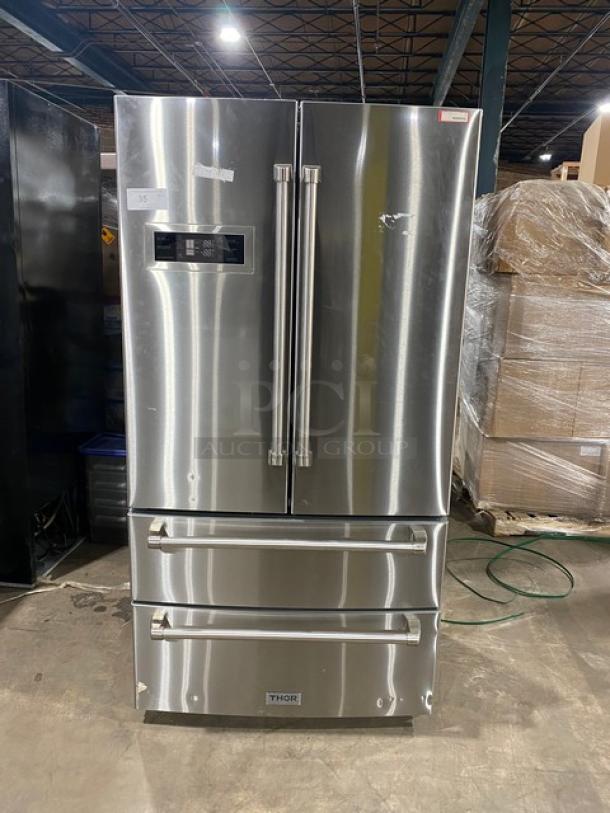 Thor Kitchen Commercial Stainless Steel Solid French Door 2 Drawer Free-Standing Reach In Refrigerator/Freezer Combo! With Built In Ice Maker! With Shelves, Drawers & Ice Scooper! With Digital Controls! Model: HRF3601F-V1 SN: HRF3601FV122070162! 115V 1 Phase! - Image 1 of 10
