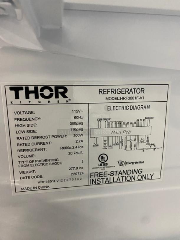 Thor Kitchen Commercial Stainless Steel Solid French Door 2 Drawer Free-Standing Reach In Refrigerator/Freezer Combo! With Built In Ice Maker! With Shelves, Drawers & Ice Scooper! With Digital Controls! Model: HRF3601F-V1 SN: HRF3601FV122070162! 115V 1 Phase! - Image 8 of 10