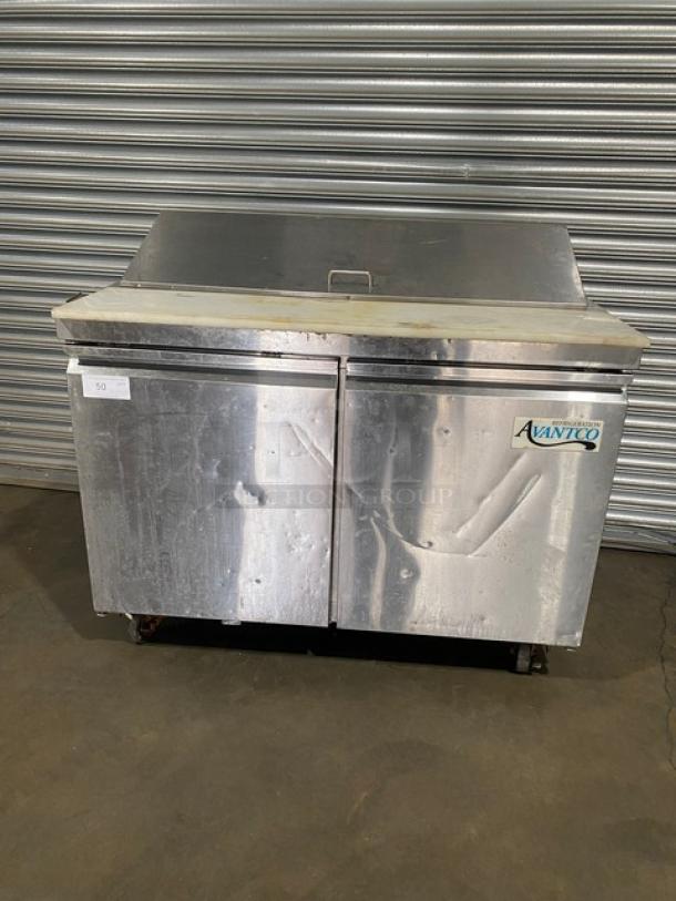 Avantco Commercial Stainless Steel 2 Door Refrigerated Bain Marie Style Mega Top Salad/Sandwich Prep Table! With Poly Coated Wire Racks! With Removable Cutting Board! Model: 178SSPT48HC SN: 9142050071! On Casters! - Image 1 of 9