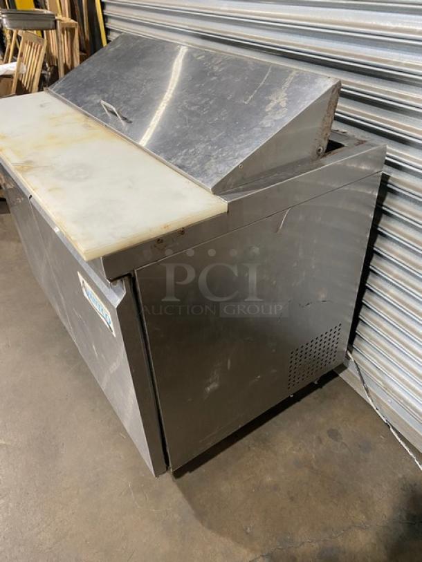 Avantco Commercial Stainless Steel 2 Door Refrigerated Bain Marie Style Mega Top Salad/Sandwich Prep Table! With Poly Coated Wire Racks! With Removable Cutting Board! Model: 178SSPT48HC SN: 9142050071! On Casters! - Image 2 of 9