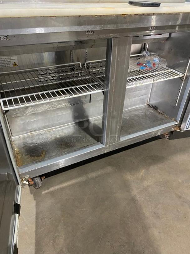 Avantco Commercial Stainless Steel 2 Door Refrigerated Bain Marie Style Mega Top Salad/Sandwich Prep Table! With Poly Coated Wire Racks! With Removable Cutting Board! Model: 178SSPT48HC SN: 9142050071! On Casters! - Image 5 of 9