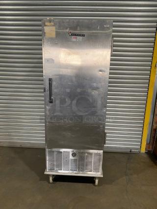Victory Commercial Stainless Steel Solid Single Door Air Curtain Refrigerator! With Built In Pan Holding Racks! With Rear Mounted Push Bar Handle & Rubber Bumpers! Model: ACRS-1D-S7-STS SN: E0055797! 115V 1 Phase! On Casters!