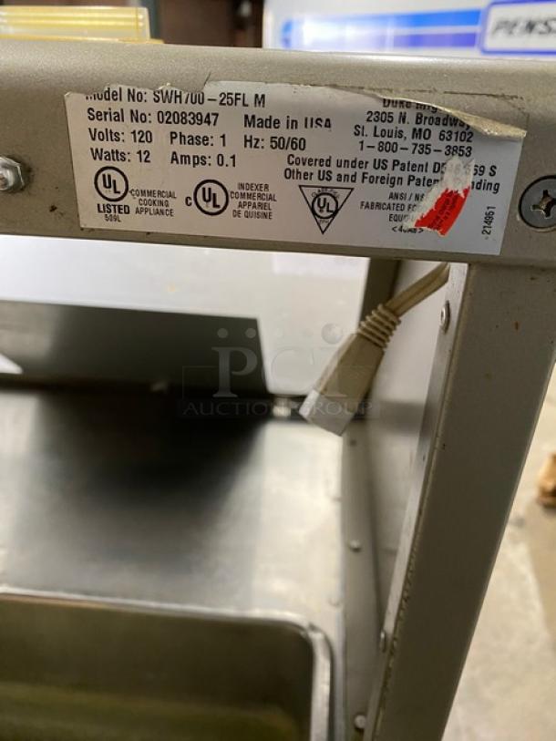 Duke Subway Style Commercial Electric Powered Single Well Heated Drop In Pan Food/Soup Warmer! With Sneeze Guard & Stainless Steel Prep Station! With Enclosed Storage Underneath! Model: SWH700-25FL M SN: 02083947! 120V 1 Phase! On Legs! - Image 6 of 13