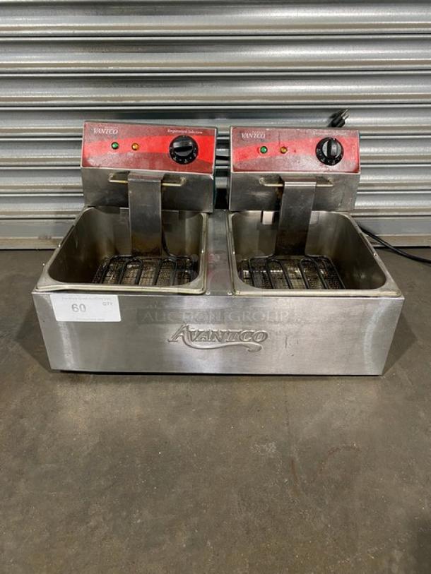 Avantco Commercial Stainless Steel Electric Powered Countertop Double Bay Deep Fat Fryer! With Back Splash & Temperature Selection Controls! - Image 1 of 7