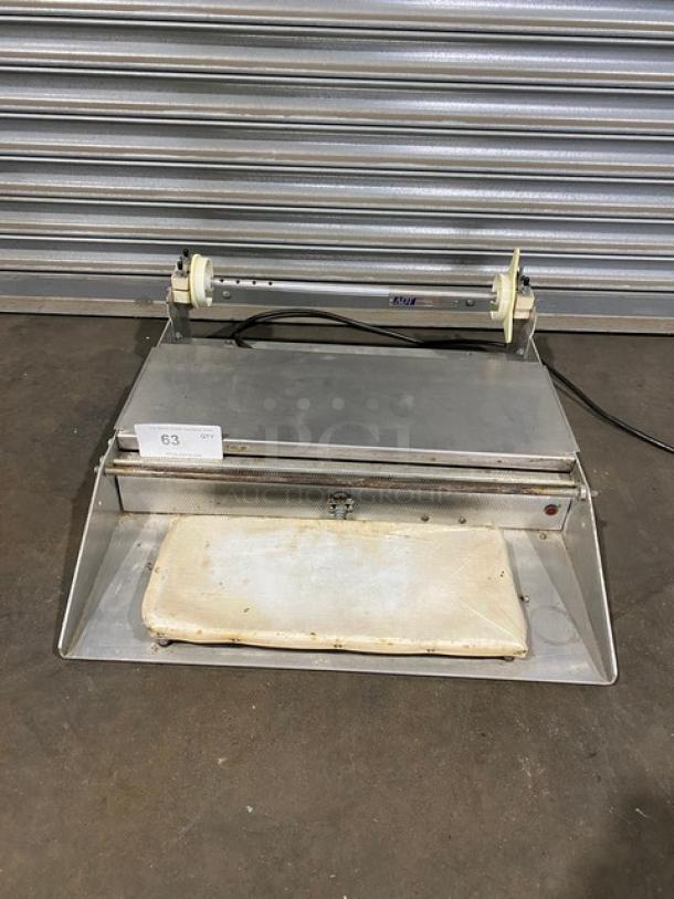 Heat Seal Commercial Stainless Steel Single Roll Film Axle Mounted Mini Countertop Food Wrapping Machine! With Thermostatically Controlled Hot Plate & Replaceable Non-Stick Cover! Model: 625-A! - Image 1 of 9