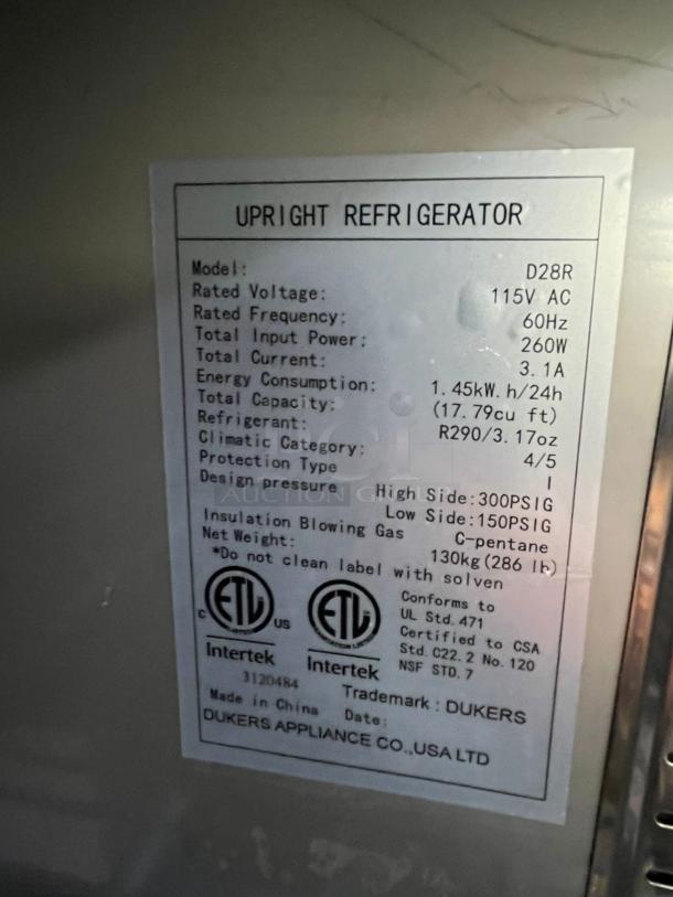 D28R Single Door Commercial Refrigerator in Stainless Steel TESTED AND WORKING - Image 6 of 7