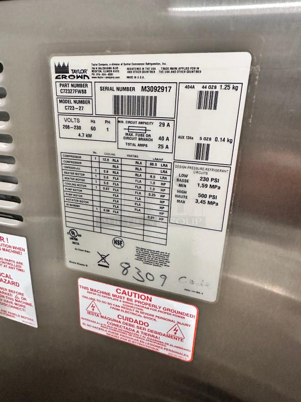 Late Model Taylor C723-27 Commercial Ice Cream Machine 220Volt Tested and Working! - Image 8 of 12