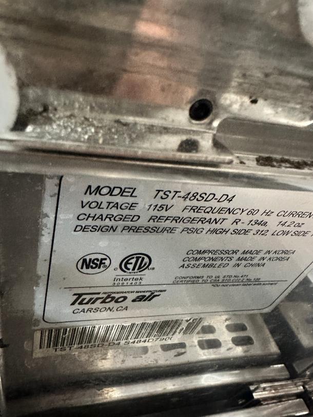Turbo Air TST-48SD-D4-N 48" Super Deluxe Sandwich/Salad Prep Table w/ Refrigerated Base, 115v Tested and Working! - Image 6 of 7