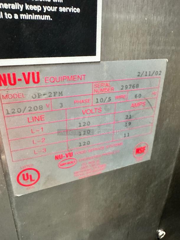 Excellent NU-VU OP-2FM Jet Air Oven/Proofer Combo 220volt 3phase Tested and Working! - Image 8 of 8
