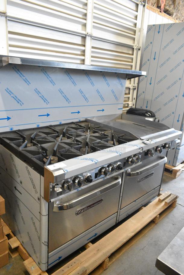 BRAND NEW! Southbend 4601DD-2GR Stainless Steel Commercial Natural Gas Powered 6 Burner Range, Flat Top Griddle, 2 Ovens, Over Shelf and Back Splash. - Image 2 of 10