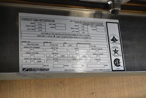 BRAND NEW! Southbend 4601DD-2GR Stainless Steel Commercial Natural Gas Powered 6 Burner Range, Flat Top Griddle, 2 Ovens, Over Shelf and Back Splash. - Image 10 of 10