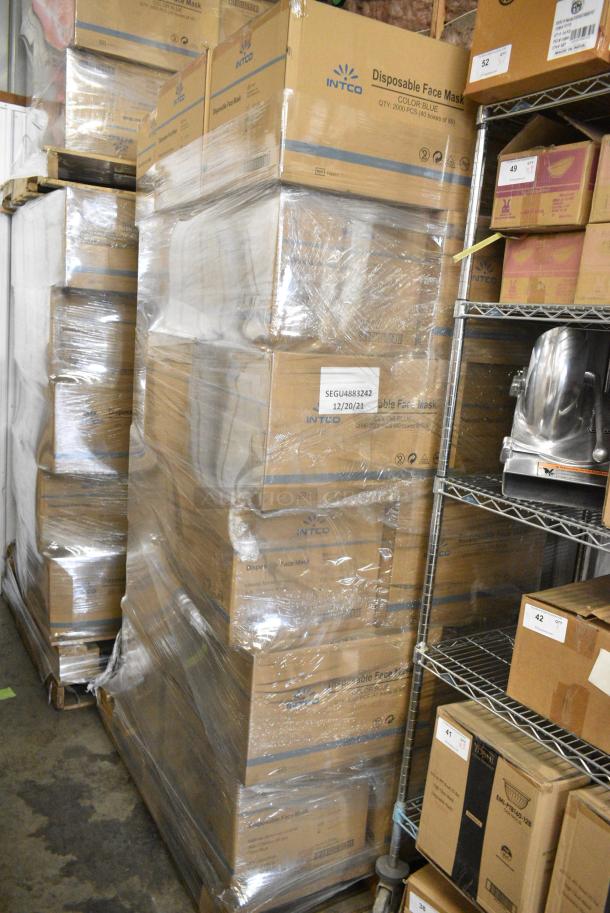 30 BRAND NEW! Boxes of 2,000 Intco FM401 Nonwoven Blue Face Mask on a Pallet. 30 Times Your Bid! - Image 2 of 3