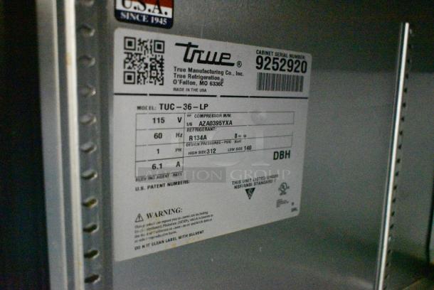 2017 True TUC-36-LP Stainless Steel Commercial 2 Door Undercounter Cooler on Commercial Casters. 115 Volts, 1 Phase. Tested and Working! - Image 6 of 6