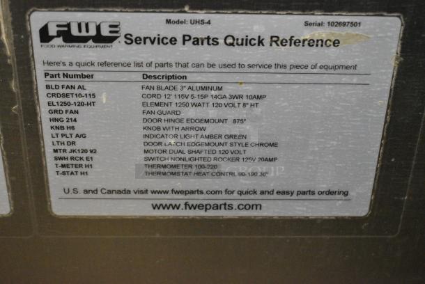 FWE UHS-4 Metal Commercial Heated Holding Cabinet on Commercial Casters. 120 Volts, 1 Phase. Tested and Working! - Image 7 of 8