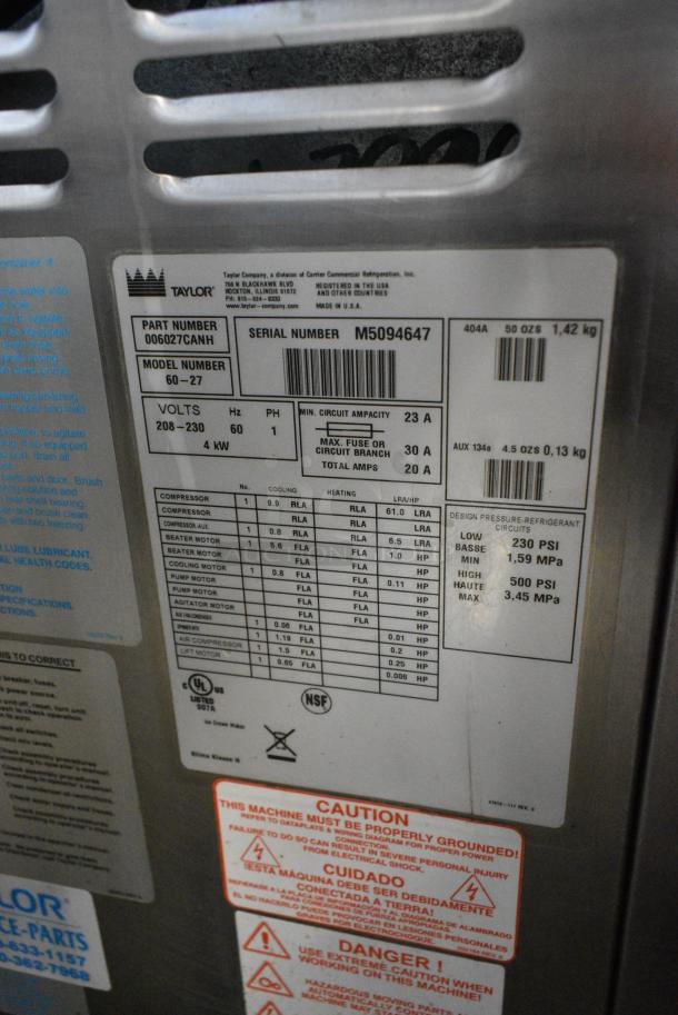 Taylor 60-27 Stainless Steel Commercial Floor Style Water Cooled Single Flavor Soft Serve Ice Cream Machine. 208-230 Volts, 1 Phase. - Image 7 of 7