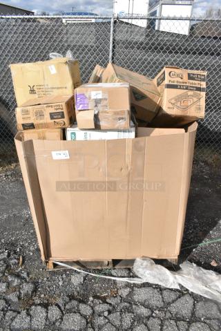 20 BRAND NEW! Boxes Including 2 966UPWIDEKFT OneUp by Choice Kraft 2-Ply Wide Interfold 6 1/2" x 8 1/2" Dispenser Napkin, Fabri-Kal SLKC12/24 Kal-Clear / Nexclear 12 / 14, 16 / 18, 20, and 24 oz. Clear Plastic Strawless / Sip Lid, 485PCOLBK EcoChoice 8 1/2" Black Colossal Unwrapped Paper Straw, Hangers. 20 Times Your Bid!