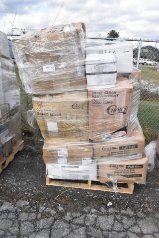 31 BRAND NEW! Boxes Including 245WEDGEPZZA Choice White Clay Coated Clamshell Pizza Slice Box - 400/Case, 2 Box 500PMGREEKGD Choice 10" x 14" Greek Key Gold Placemat - 1000/Case, 394345L Noble NexGen Powder-Free Disposable Black Hybrid 3 Mil Thick Gloves - Large - 1000/Case, 129MCR32B Choice 32 oz. Black Round Microwavable Heavy Weight Container with Lid 7 1/4" - 150/Case, CH8DEF Dart ClearPac SafeSeal 8 oz. Tamper-Resistant, Tamper-Evident Hinged Container with Flat Lid - 200/Case. 31 Times Your Bid!