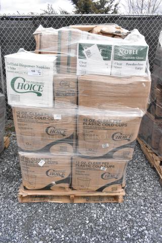 27 BRAND NEW! Boxes Including 2 Box 394365L Noble Products Powder-Free Disposable Clear Vinyl Gloves for Foodservice - Large - 1000/Case, 966TALLFLDB Choice White Tall-Fold 6" x 13" Dispenser Napkin - 8000/Case, 4 Box 500CC12 Choice Clear PET Customizable Plastic Cold Cup - 12 oz. - 1000/Case, 128HDLDBULK Choice Heavy Duty Microwavable Translucent Plastic Deli Container Lid - 480/Case. 27 Times Your Bid!