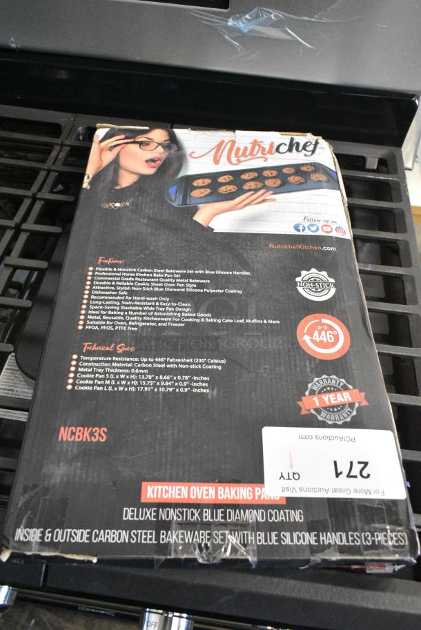 BRAND NEW SCRATCH AND DENT! Box of Nutrichef NCBK3S 3-Piece Nonstick Baking Pans Set - Premium Oven Bakeware with Silicone Handles, Non-Stick Heavy Duty Carbon Steel - Stackable & Easy to Clean, Ideal for Roasting & Baking - Blue - Image 3 of 6