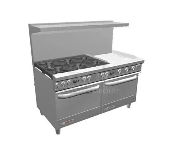 BRAND NEW! Southbend 4601DD-2GR Stainless Steel Commercial Natural Gas Powered 6 Burner Range, Flat Top Griddle, 2 Ovens, Over Shelf and Back Splash. - Image 1 of 10