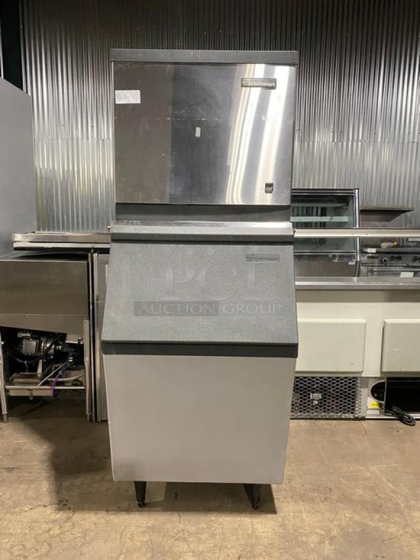 Scotsman CM3 Series Commercial Stainless Steel Ice Making Machine Head! Model: CME506AS-1F SN: 698405-03S! 115V 1 Phase! With Scotsman Commercial Ice Bin Underneath! Model: HTB555 SN: 703213-03S! On Legs! - Image 1 of 11