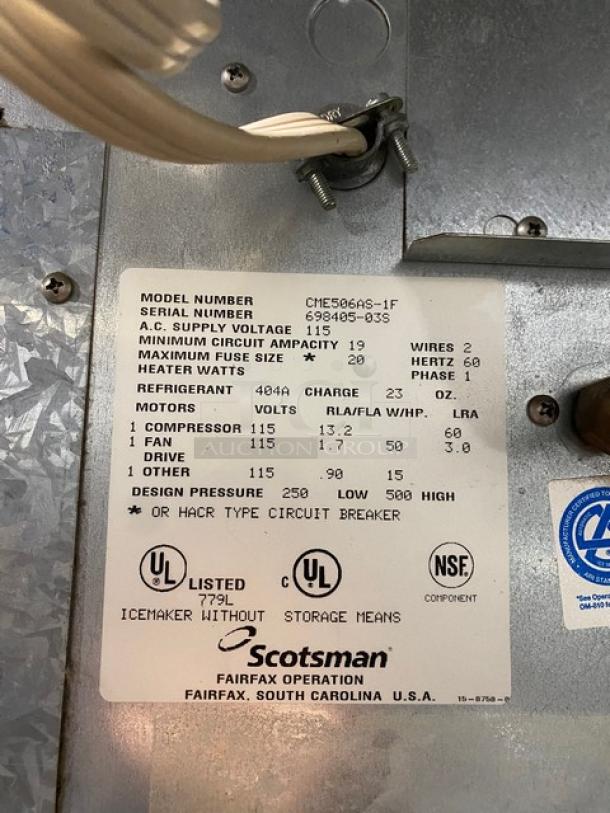 Scotsman CM3 Series Commercial Stainless Steel Ice Making Machine Head! Model: CME506AS-1F SN: 698405-03S! 115V 1 Phase! With Scotsman Commercial Ice Bin Underneath! Model: HTB555 SN: 703213-03S! On Legs! - Image 6 of 11