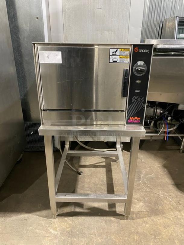 Groen Hyper Steam Series Commercial Stainless Steel Electric Powered Countertop 3 Pan Convection Steamer! With Built In Pan Holding Racks! Model: HY-3E STEAMER SN: 3E28241MS! 208V 3 Phase! On Equipment Stand With Legs! - Image 1 of 10