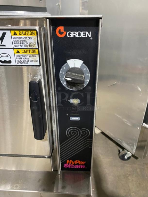 Groen Hyper Steam Series Commercial Stainless Steel Electric Powered Countertop 3 Pan Convection Steamer! With Built In Pan Holding Racks! Model: HY-3E STEAMER SN: 3E28241MS! 208V 3 Phase! On Equipment Stand With Legs! - Image 6 of 10