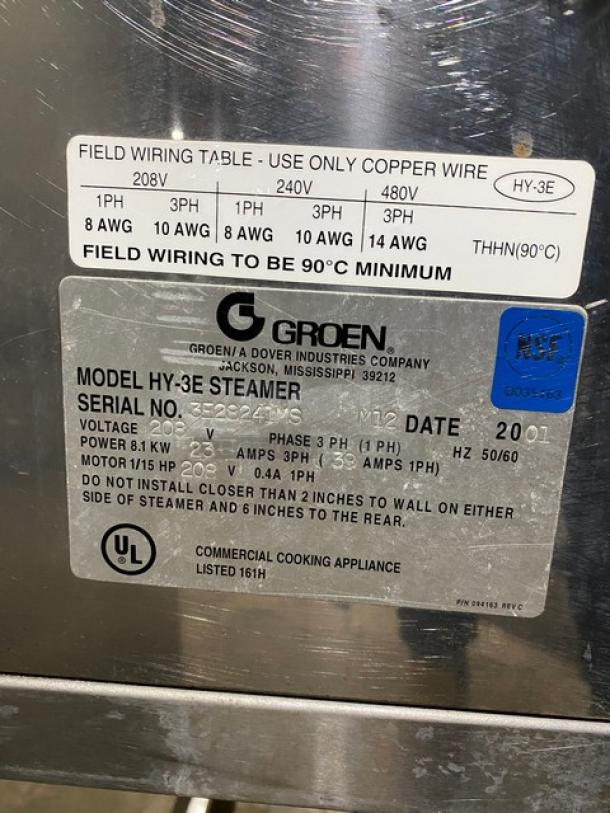 Groen Hyper Steam Series Commercial Stainless Steel Electric Powered Countertop 3 Pan Convection Steamer! With Built In Pan Holding Racks! Model: HY-3E STEAMER SN: 3E28241MS! 208V 3 Phase! On Equipment Stand With Legs! - Image 8 of 10