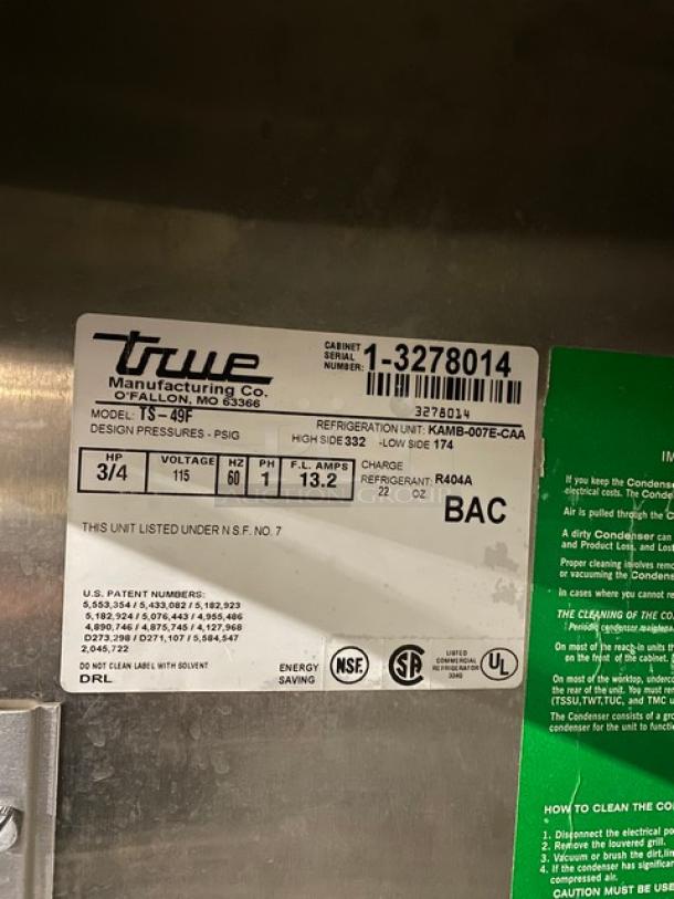 True Commercial Stainless Steel Solid 2 Door Reach In Freezer! With Poly Coated Wire Racks! Model: TS-49F SN: 1-3278014! 115V 1 Phase! On Casters! - Image 6 of 10