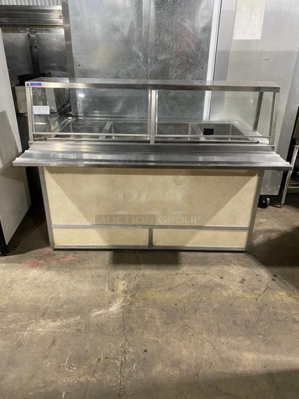 Custom Commercial Stainless Steel Buffet Style Hot Food/Steam Table! With Sliding Door Sneeze Guard & Folding Tray Slide! With Enclosed Sliding Door Storage Cabinet Underneath! With Atlas Metal Industries Commercial Stainless Steel 4 Well Hot Food Drop In Unit! Model: WIH-D&M-4 SN: 5678-04-A! 208V 1 Phase! On Casters! - Image 1 of 11